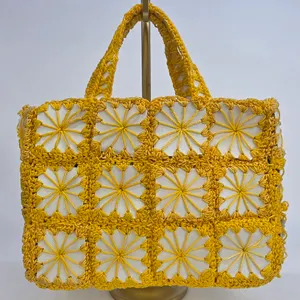 Vintage Handmade Yellow Crochet Starburst Tile Tote Bag Retro Boho Summer Purse