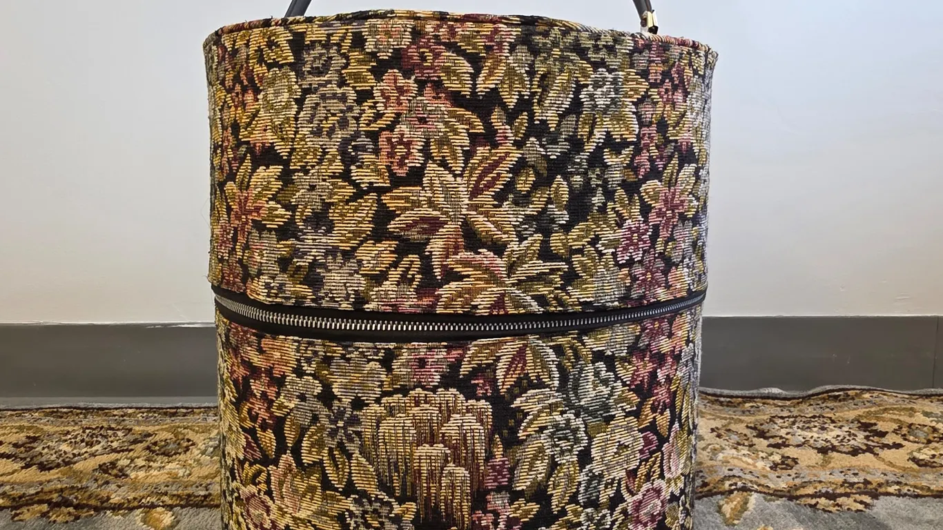 Vintage Bagmaster Miami Floral Tapestry Hat Box Round Travel Case Gold Lining