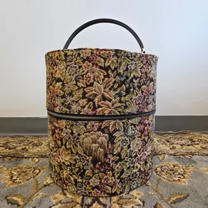 Vintage Bagmaster Miami Floral Tapestry Hat Box Round Travel Case Gold Lining