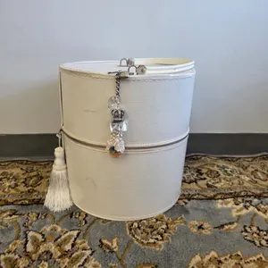 Vintage White Round Hat Box Vanity Case Gold Interior Tassel Crown