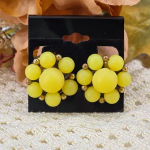 Vintage Yellow Bead Cluster Clip On Earrings Floral Retro Mid Century Gold Tone