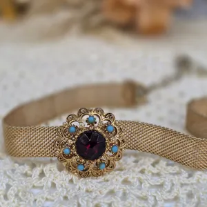 Vintage Gold Tone Mesh Choker Purple Rhinestone Turquoise Victorian Style