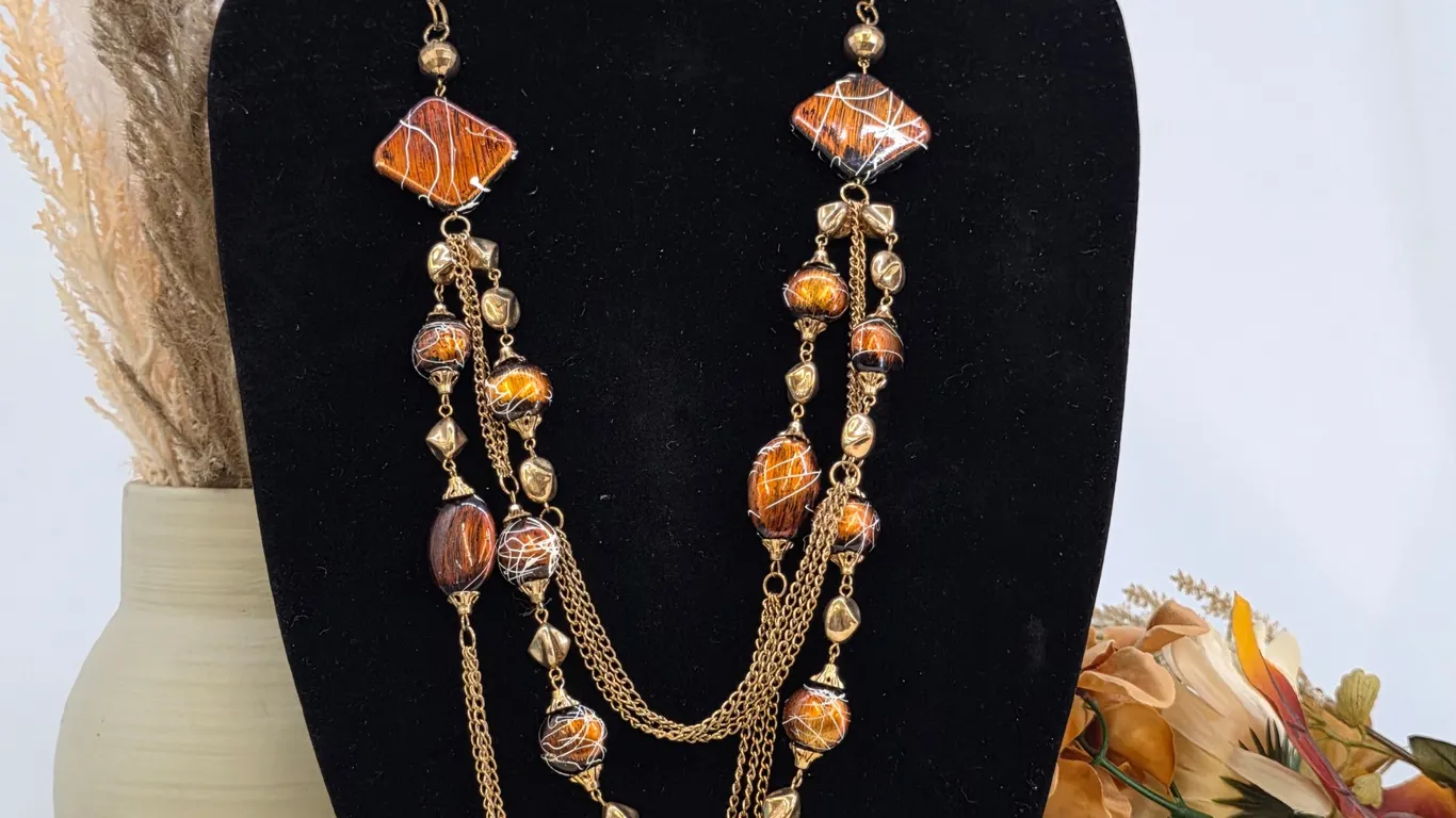 Bronze Multi Strand Statement Necklace Brown Amber Resin Splatter Beads