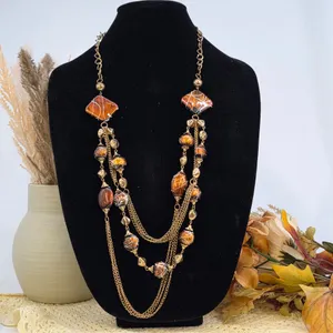 Bronze Multi Strand Statement Necklace Brown Amber Resin Splatter Beads