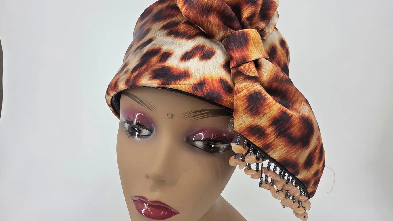Vintage Whittall & Shon Leopard Print Pillbox Hat with Bow and Beaded Fringe Made in USA