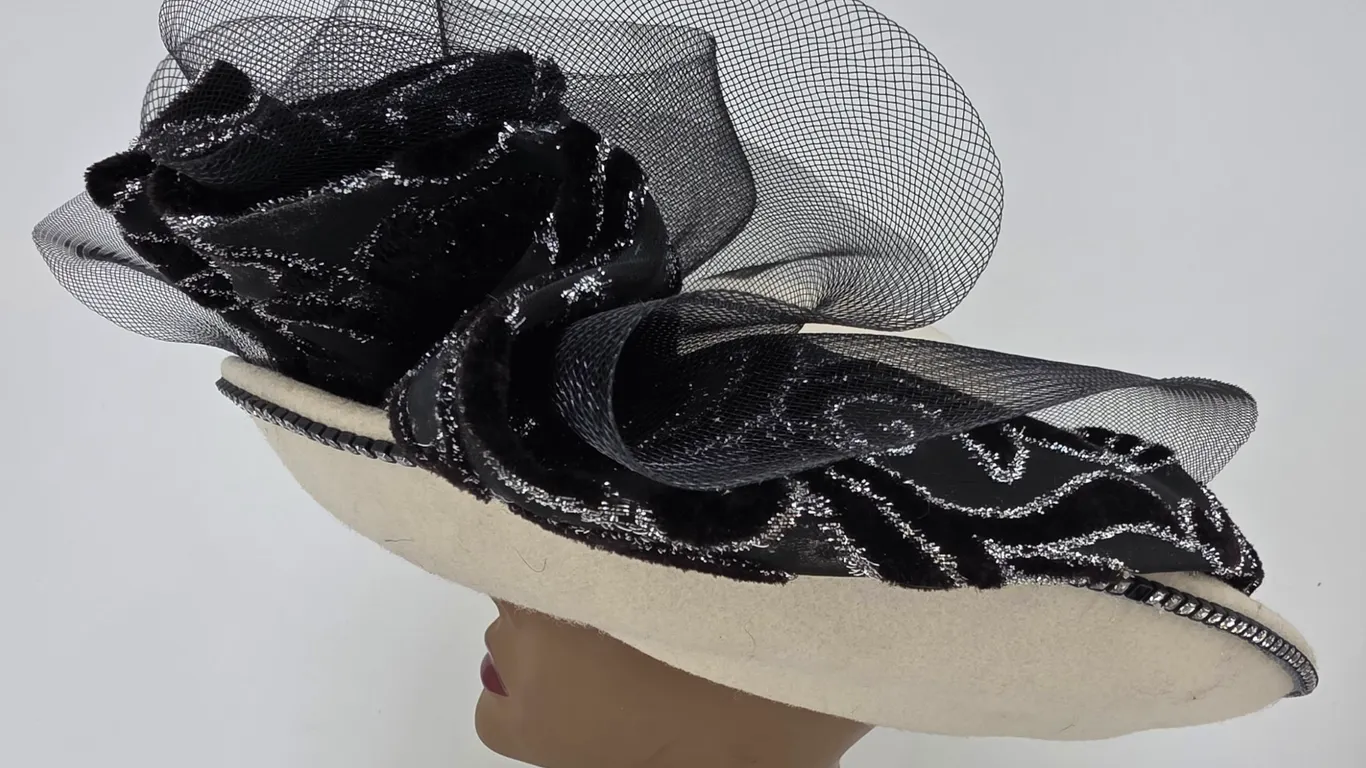 Essence Hat Cream Wool Black Velvet Silver Metallic Church Dress Hat Style