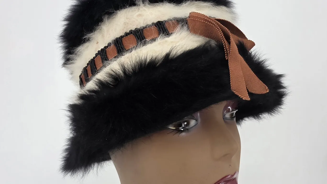 Vintage Mr John Jr Faux Fur Cloche Hat Black Cream Union Made Bow Accent