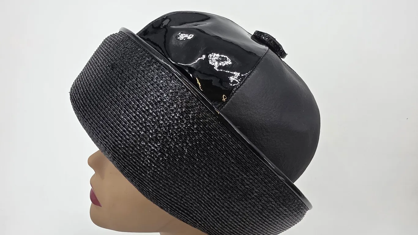 Vintage Quaker Maid Pillbox Hat Black Patent Leather Woven Straw Union Made US