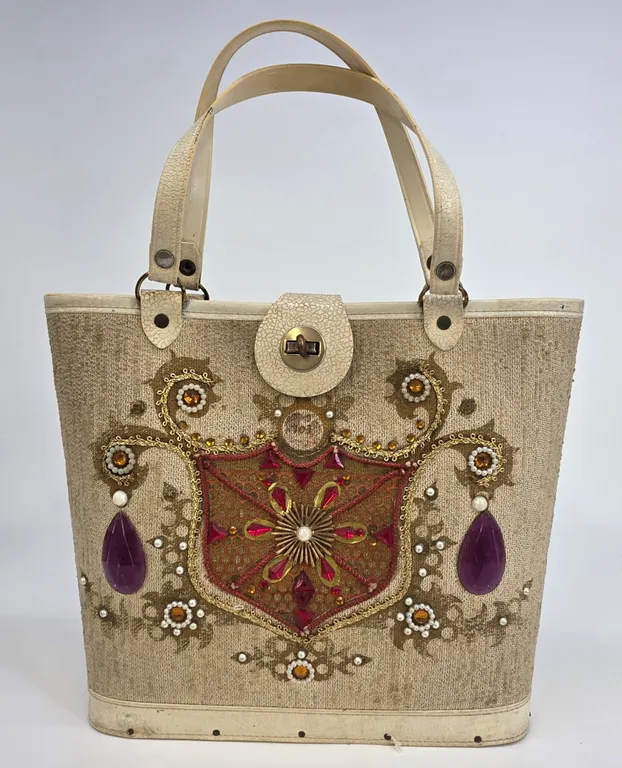 Vintage Jewel Encrusted Burlap Box Bag Wood Base Top Handle Tote Cream