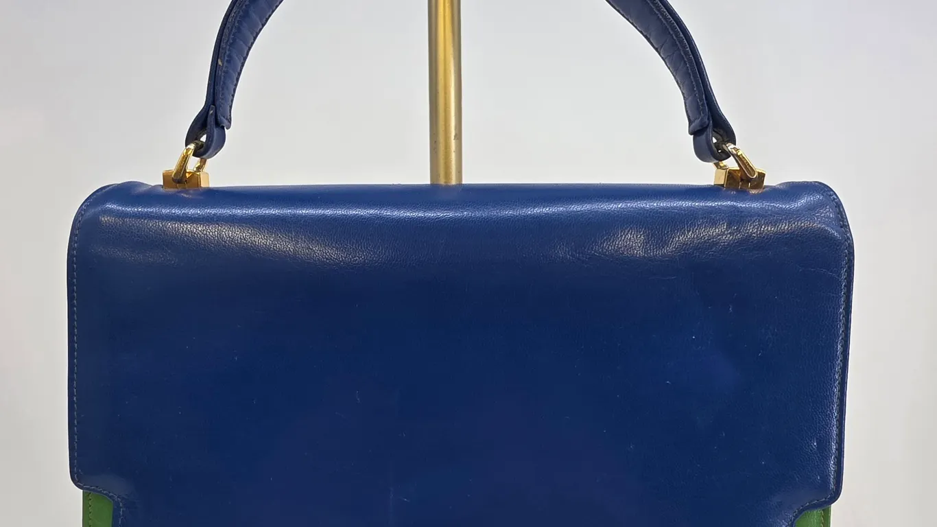 Vintage Harold Grant Blue Green Leather Top Handle Handbag Gold Hardware