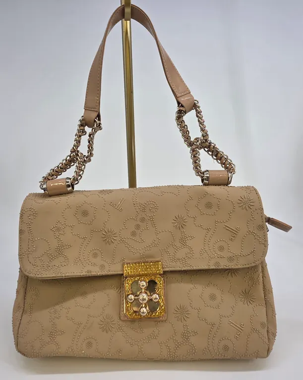 Aslle Tan Floral Textured Shoulder Bag Gold Jeweled Clasp Chain Strap