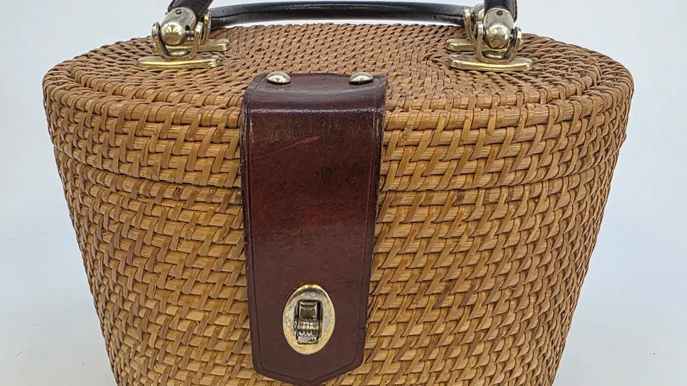Vintage Woven Wicker Basket Handbag Brown Leather Trim Top Handle Made in Hong Kong
