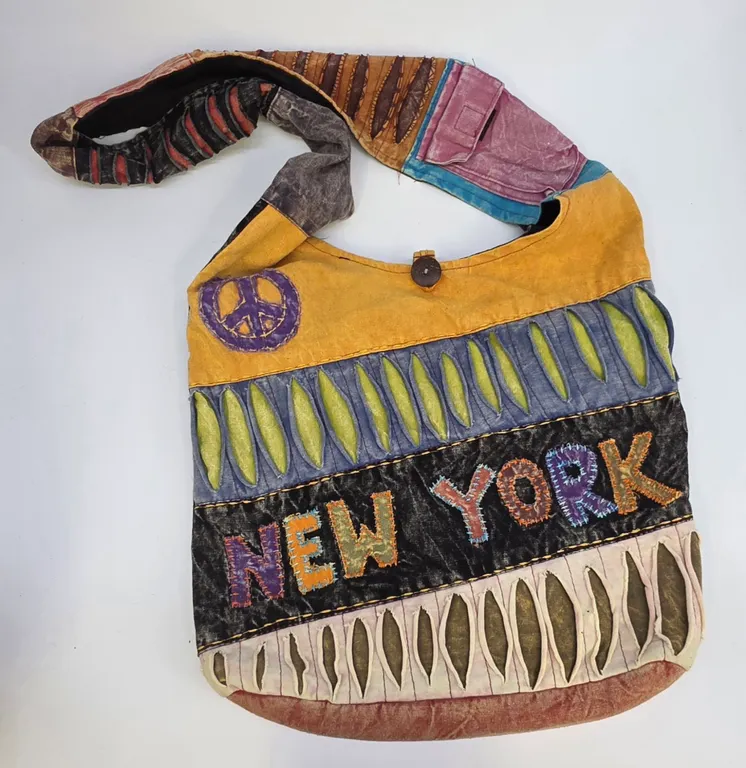 Boho Patchwork New York Peace Sign Hobo Bag Acid Wash Canvas Shoulder Tote