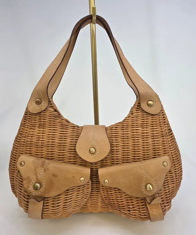 Woven Wicker Hobo Shoulder Bag Tan Leather Trim Green Floral Lining Vintage
