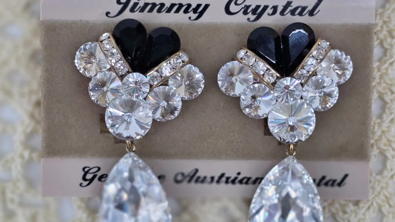 Jimmy Crystal New York Austrian Crystal Clip On Drop Earrings Black Clear Heart