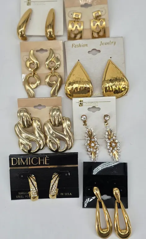 Vintage and Newer Gold Tone Statement Earring Lot 8 Pairs Rhinestone Geometric Abstract