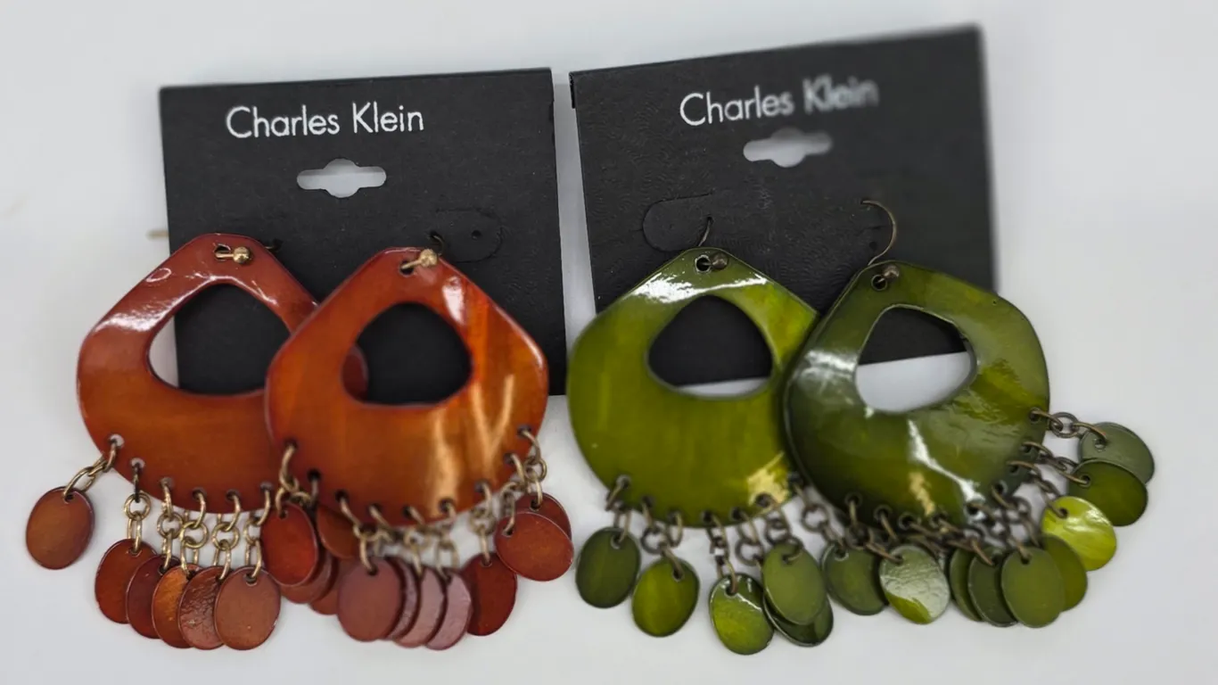 Charles Klein Dangle Earrings Set 2 Pairs Boho Wood Look Orange Green Glossy