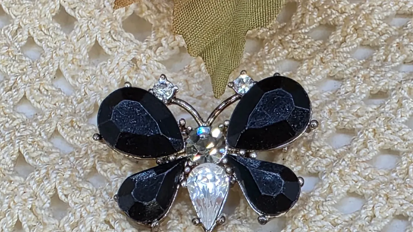 Vintage Inspired Black Rhinestone Butterfly Brooch Silver Tone Crystal Insect Pin