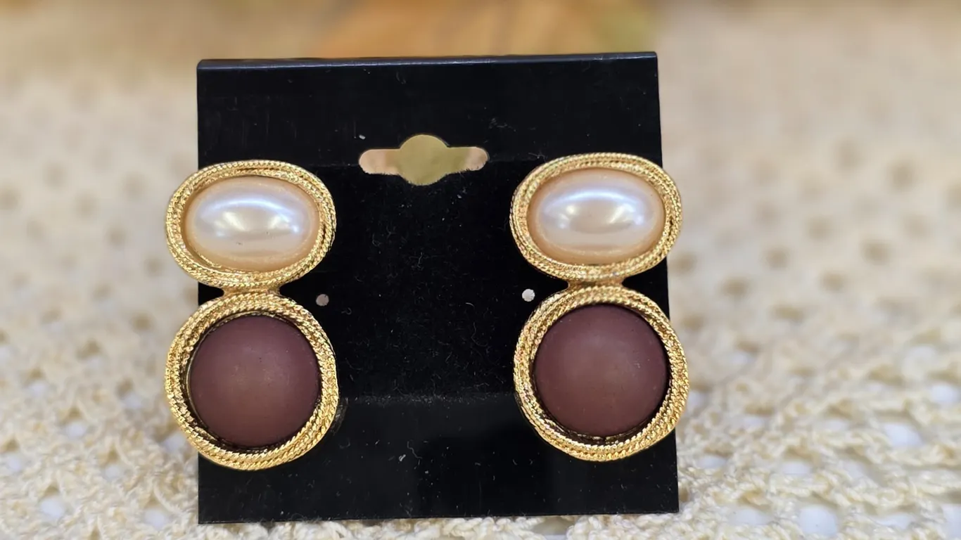 Vintage Inspired Gold Tone Faux Pearl and Mauve Purple Double Drop Post Earrings