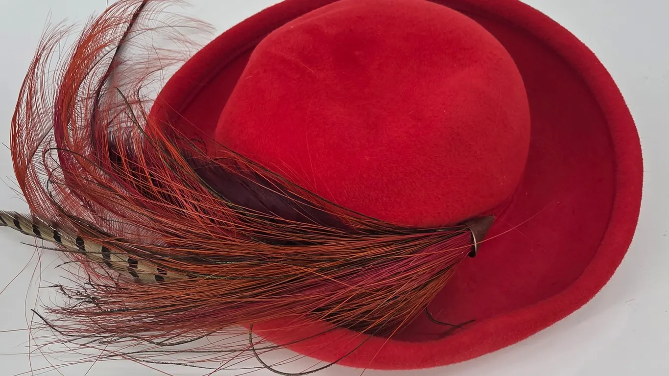 Vintage Don Anderson Red Felt Wool Wide Brim Hat with Feathers Church Formal