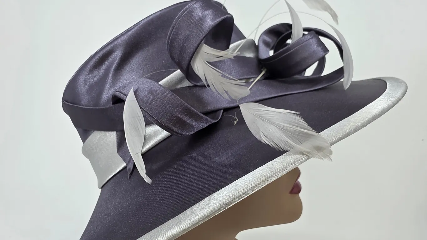 August Accessories Fine Millinery Purple Silver Satin Feather Church Derby Hat