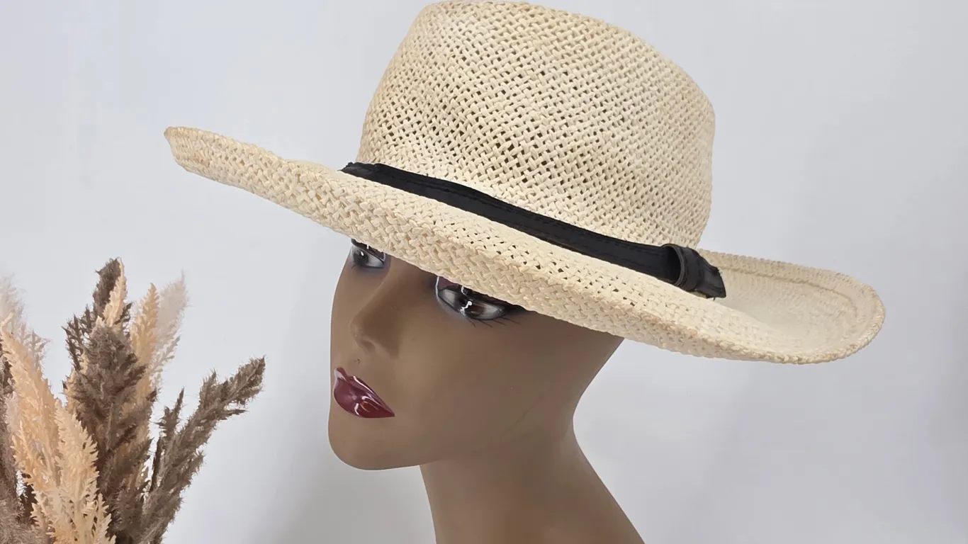 A. Adams & Spire Tan Straw Sun Hat Wide Brim Fedora with Black Band