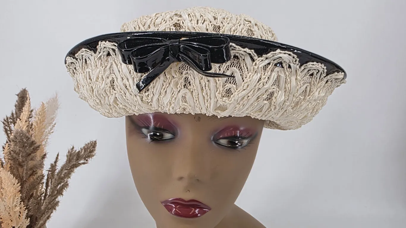 Vintage Cream Woven Raffia Pillbox Hat Black Patent Trim Bow