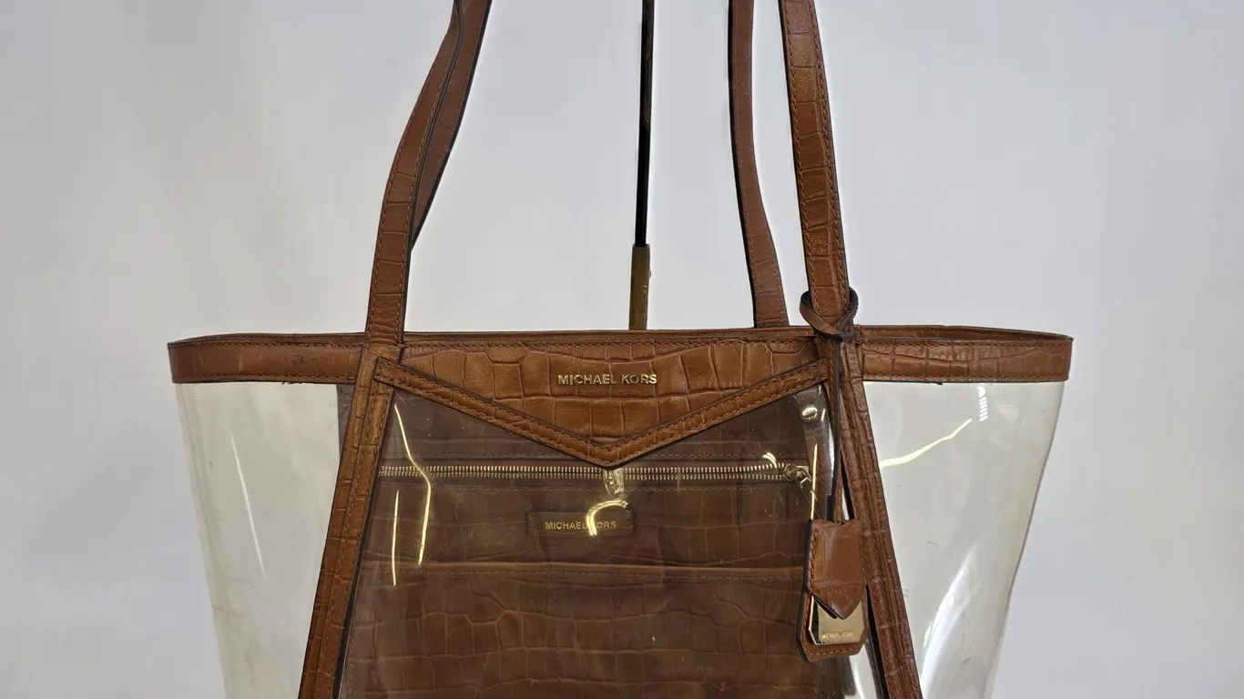 Michael Kors Clear PVC Tote Bag Brown Croc Embossed Leather Trim Pouch