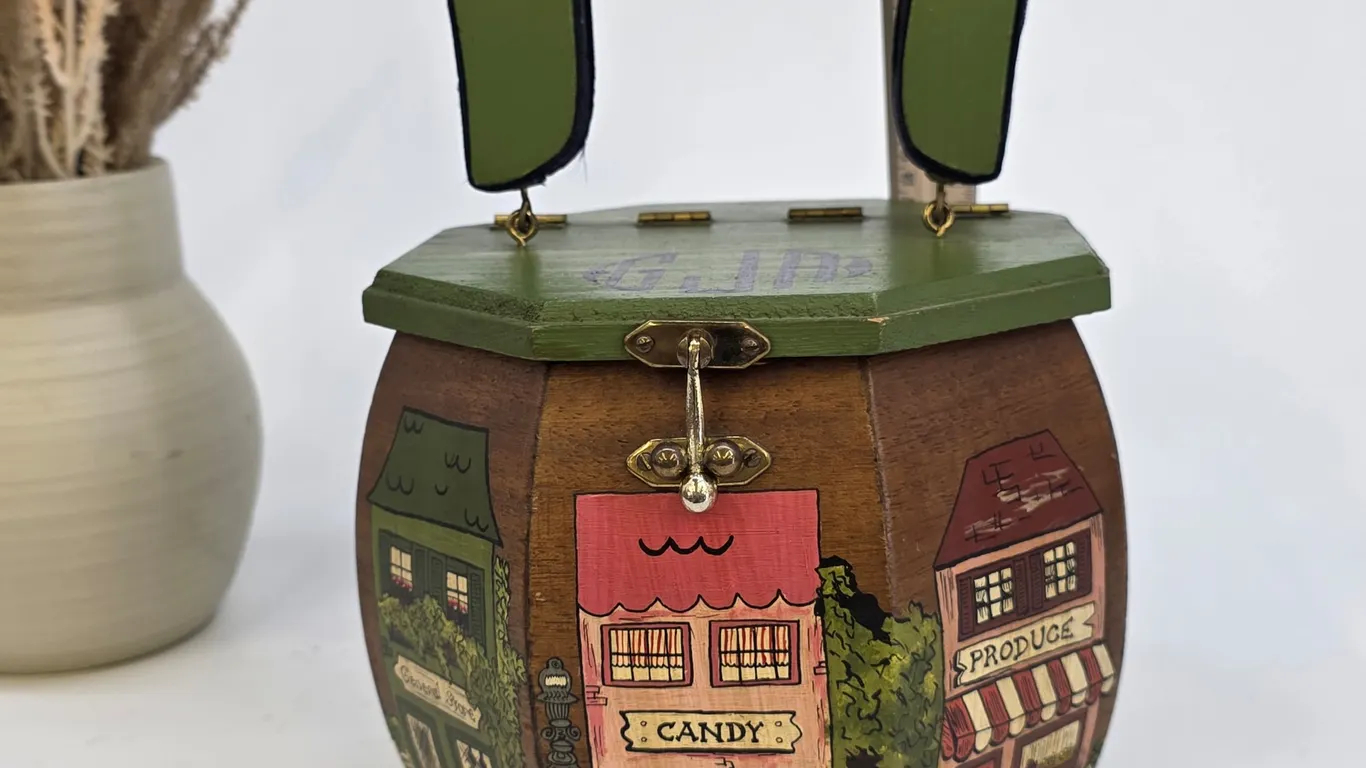 Vintage Hand Painted Wood Box Purse Village Scenes Octagon Bag