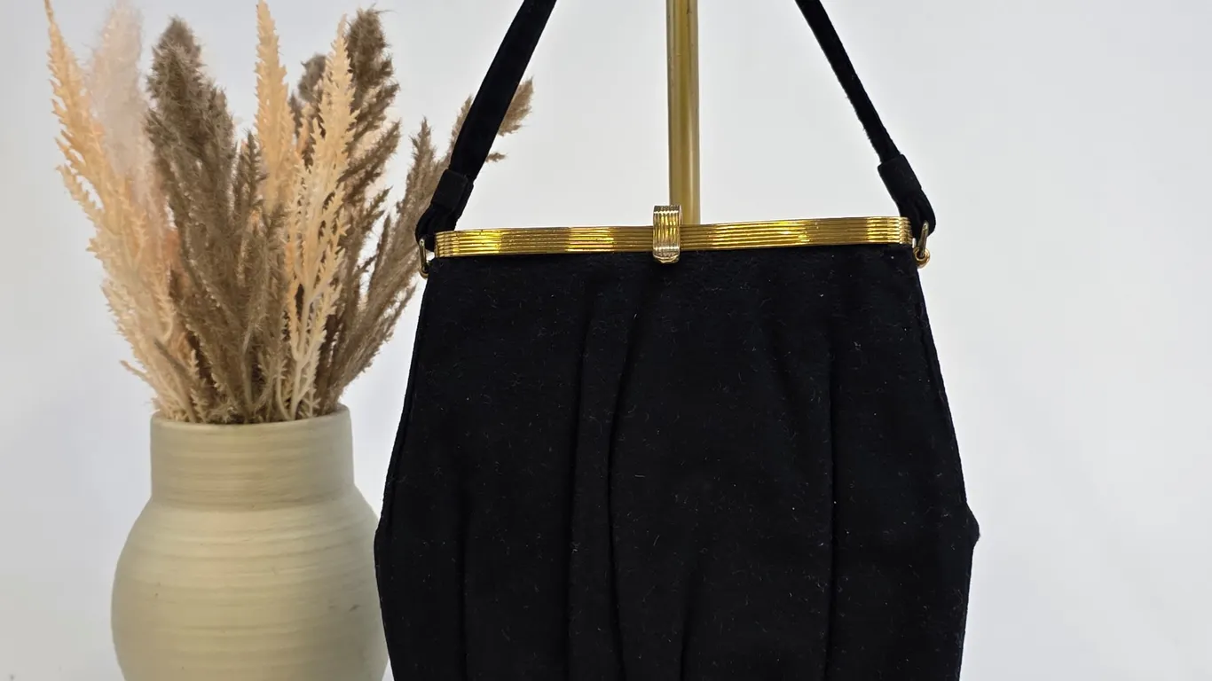 Vintage Ingber Black Pleated Handbag Gold Frame USA Made Evening Bag