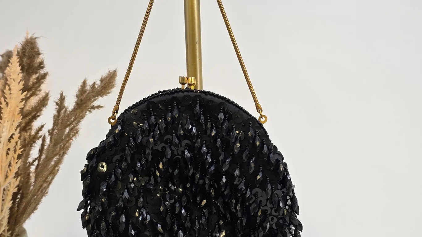 Vintage Black Beaded Sequin Evening Bag Round Kiss Lock Cocktail Purse Made in Hong Kong