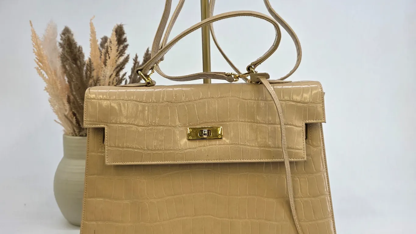 Ashneil Vintage Beige Croc Embossed Leather Top Handle Satchel Bag with Strap