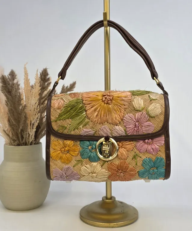 Vintage Floral Raffia Handbag Faux Wood Panels Boho Straw Bag Brown Trim