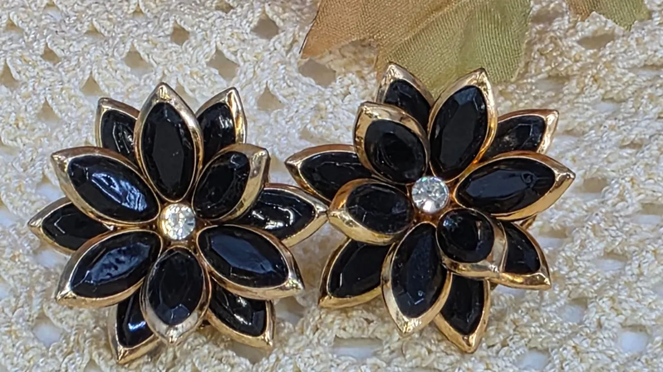 Vintage Black Gold Floral Clip On Earrings Rhinestone Center Layered Flower Stud