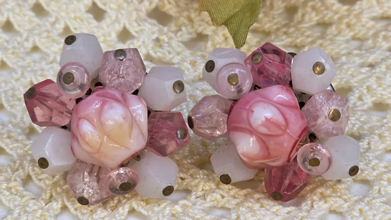 Vintage West Germany Pink Glass Rosebud Cluster Clip On Earrings Floral Mid Cent
