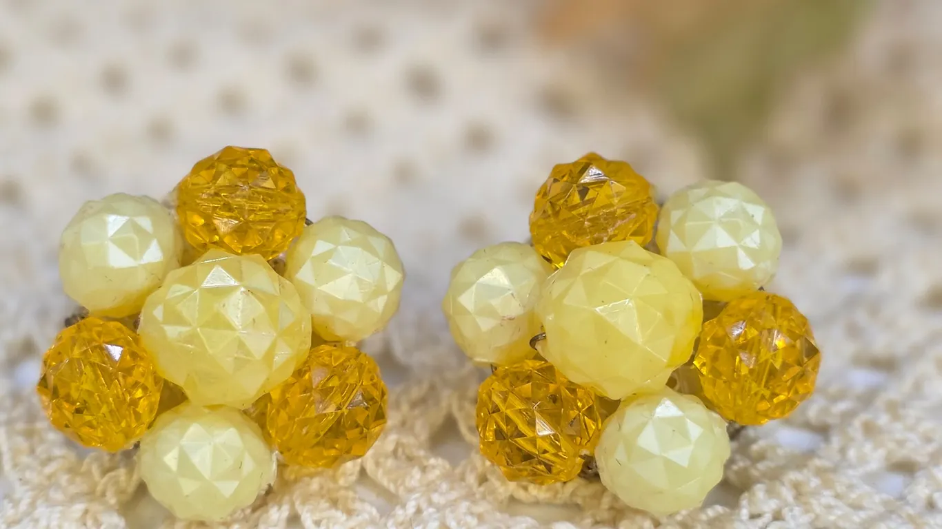 Vintage West Germany Amber Yellow Faceted Bead Cluster Clip On Earrings