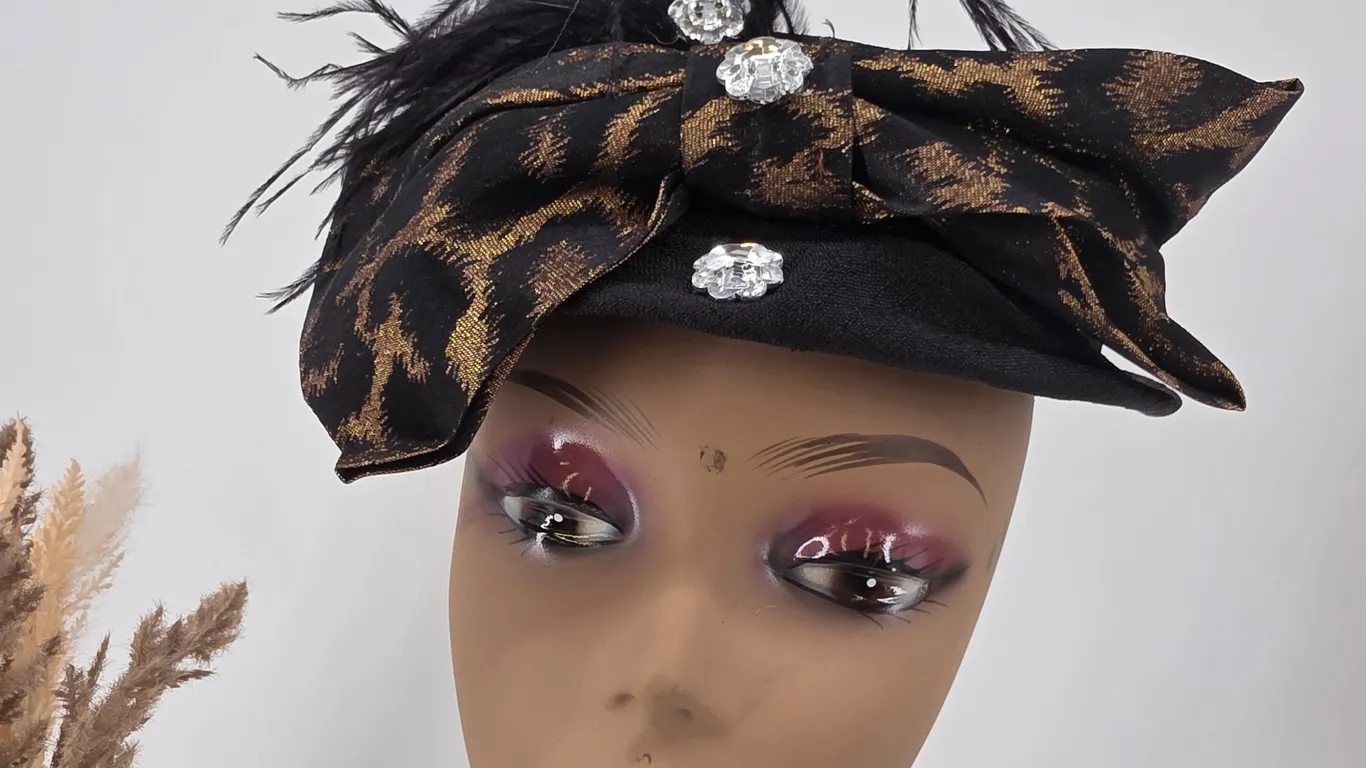 Vintage Black Pillbox Hat Gold Metallic Leopard Bow Rhinestones Feathers