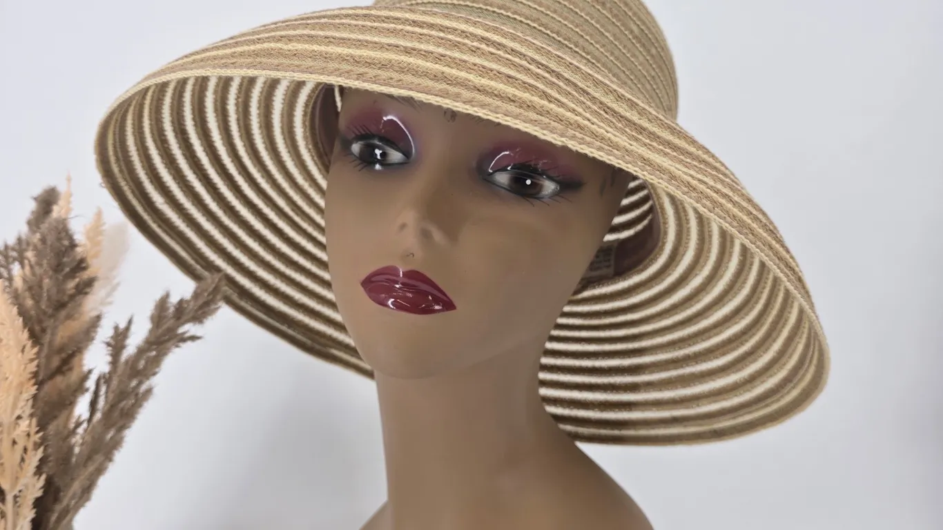 Tan Beige Striped Wide Brim Sun Hat Woven Paper Straw Beach Floppy Hat