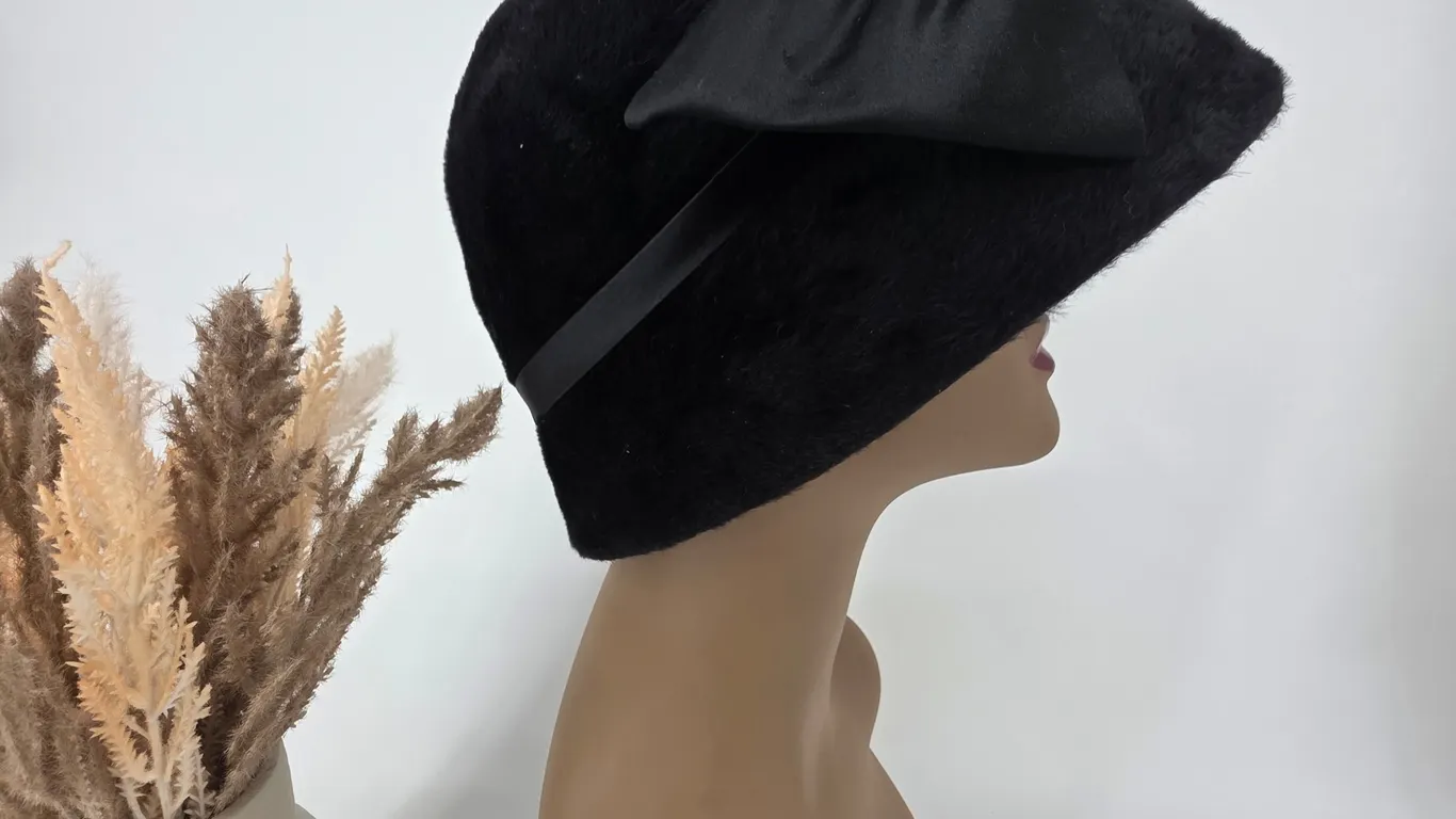 Vintage Black Faux Fur Cloche Hat with Large Satin Bow Made in Austria