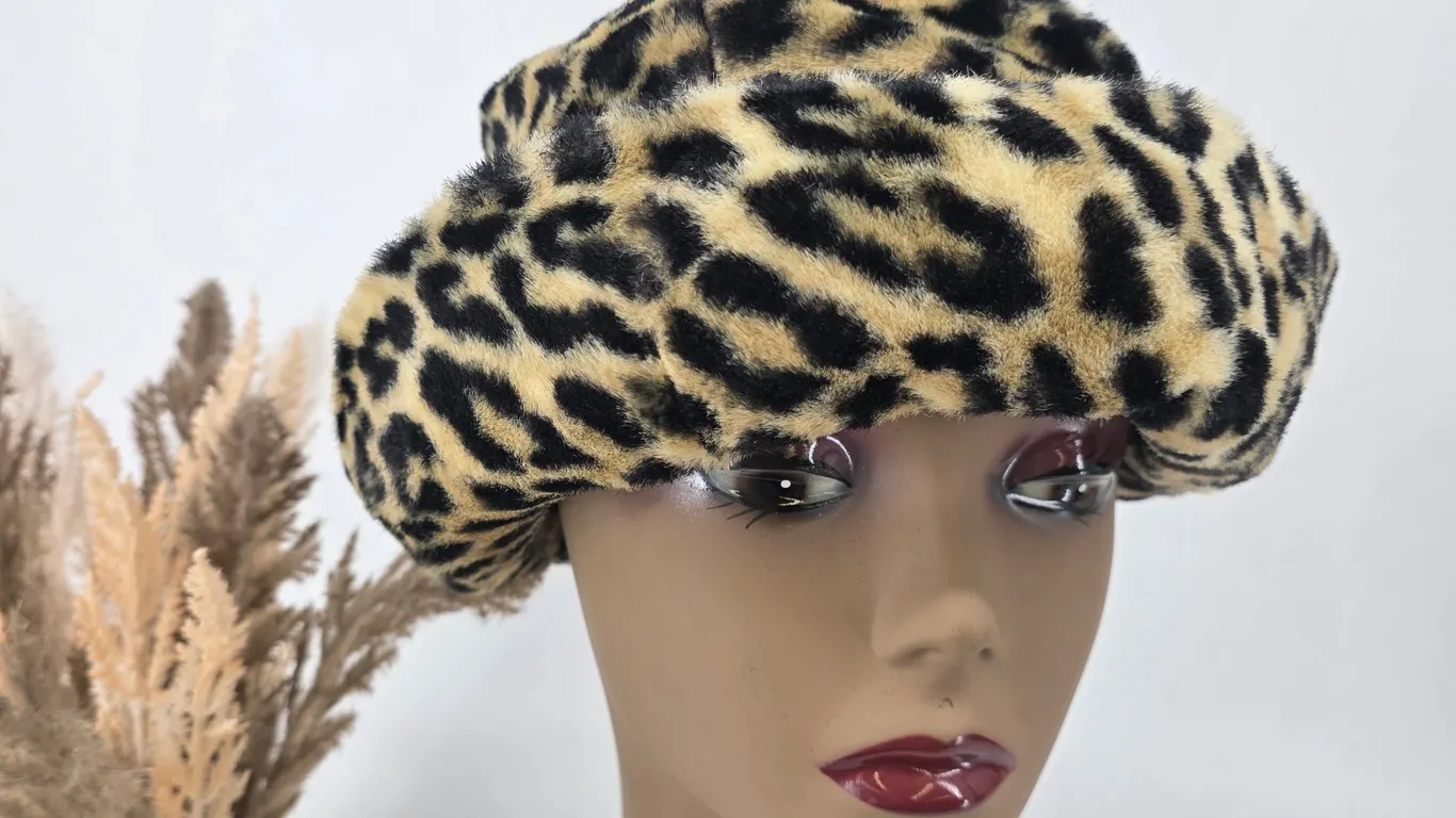 Vintage Leopard Print Faux Fur Hat Union Made Animal Print Pillbox Bucket Hat