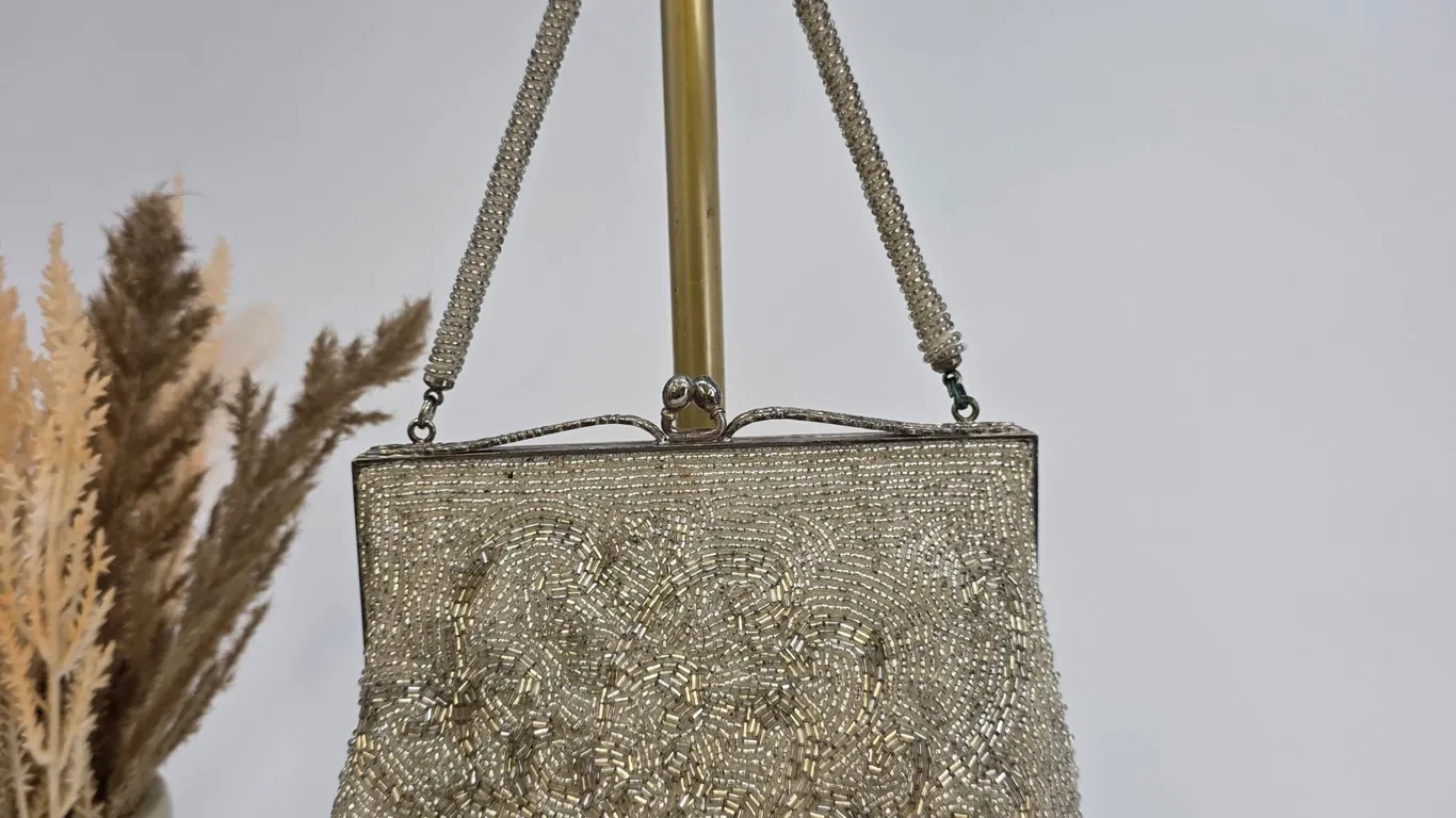 Vintage Silver Beaded Evening Bag Floral Kiss Lock Satin Lined Clutch Handbag