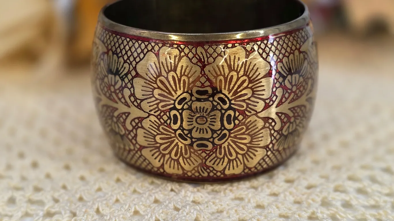 Vintage Brass Floral Enamel Bangle Bracelet Red Gold Etched Wide Cuff India Boho