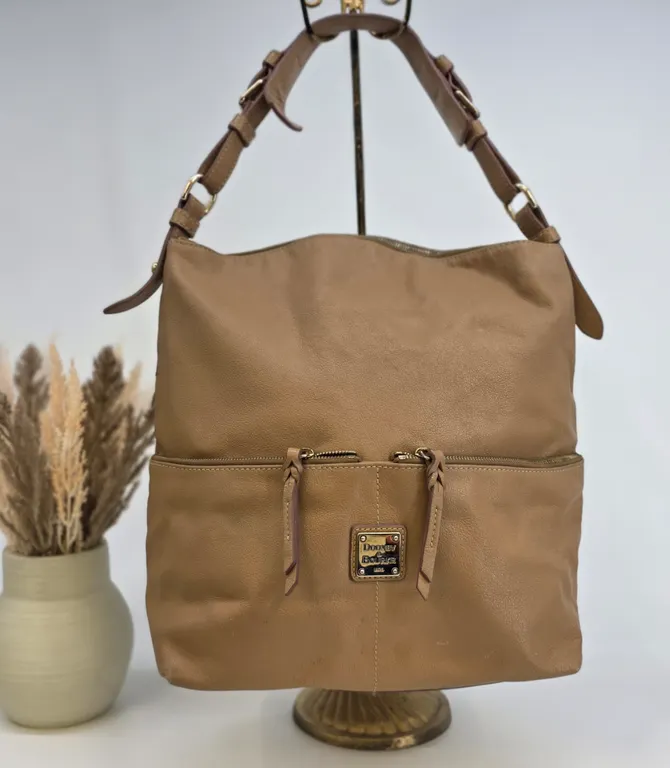 Dooney & Bourke Tan Pebbled Leather Hobo Bag Front Zip Pocket