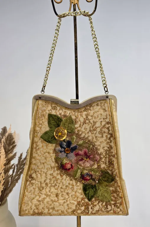 Vintage Floral Needlepoint Beaded Evening Bag Gold Woven Frame Purse 1950s 60s