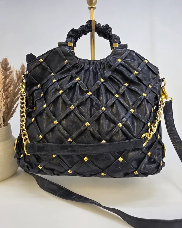 Big Buddha Santa Barbara Black Studded Lattice Satchel Crossbody Bag