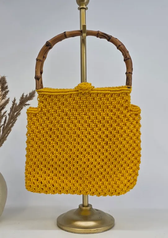 Vintage Mustard Yellow Crochet Handbag with Bamboo Top Handles Boho Macrame Bag