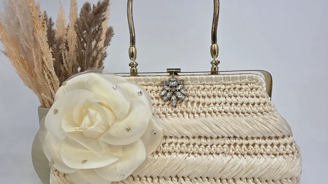 Vintage Japan Cream Woven Raffia Handbag Rose Rhinestone Crystal Top Handle Bag