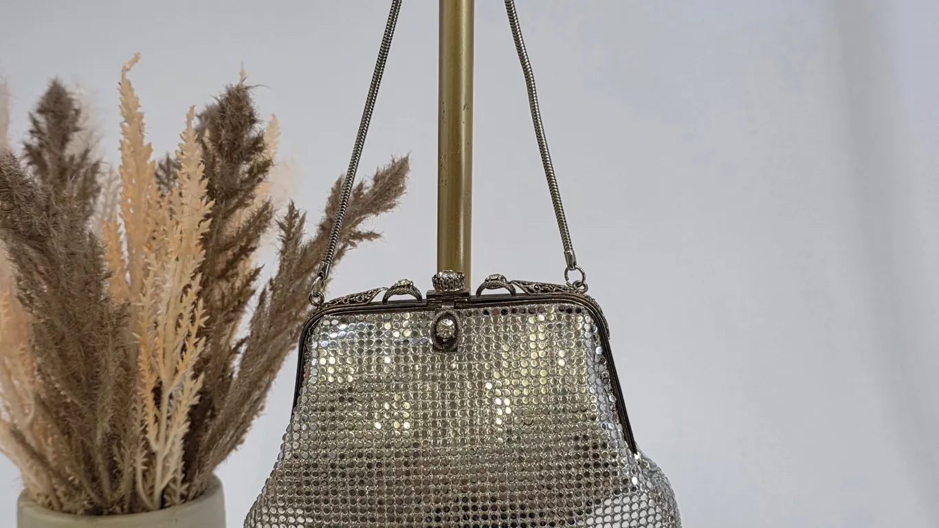 Vintage Bag by Debbie Silver Metal Mesh Rhinestone Filigree Evening Clutch Bag