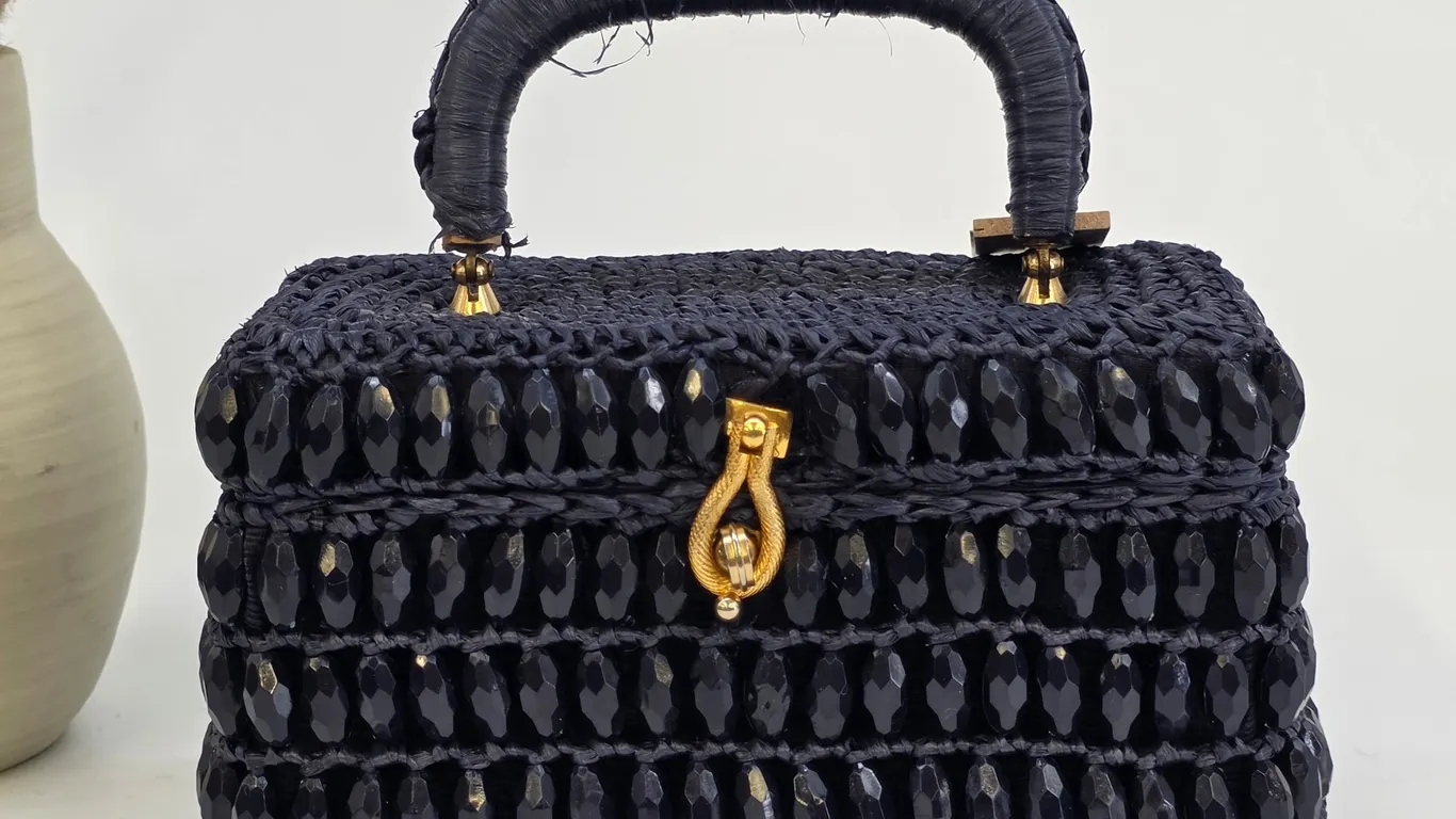 Vintage Ritter Italy Navy Blue Woven Straw Beaded Box Bag Gold Clasp Handbag