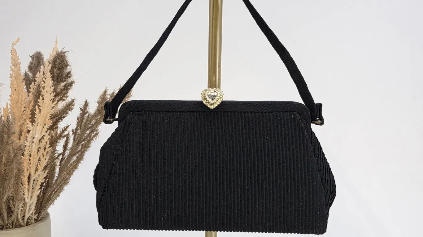 Vintage Black Ribbed Pleated Evening Bag Rhinestone Heart Clasp Gold Lining